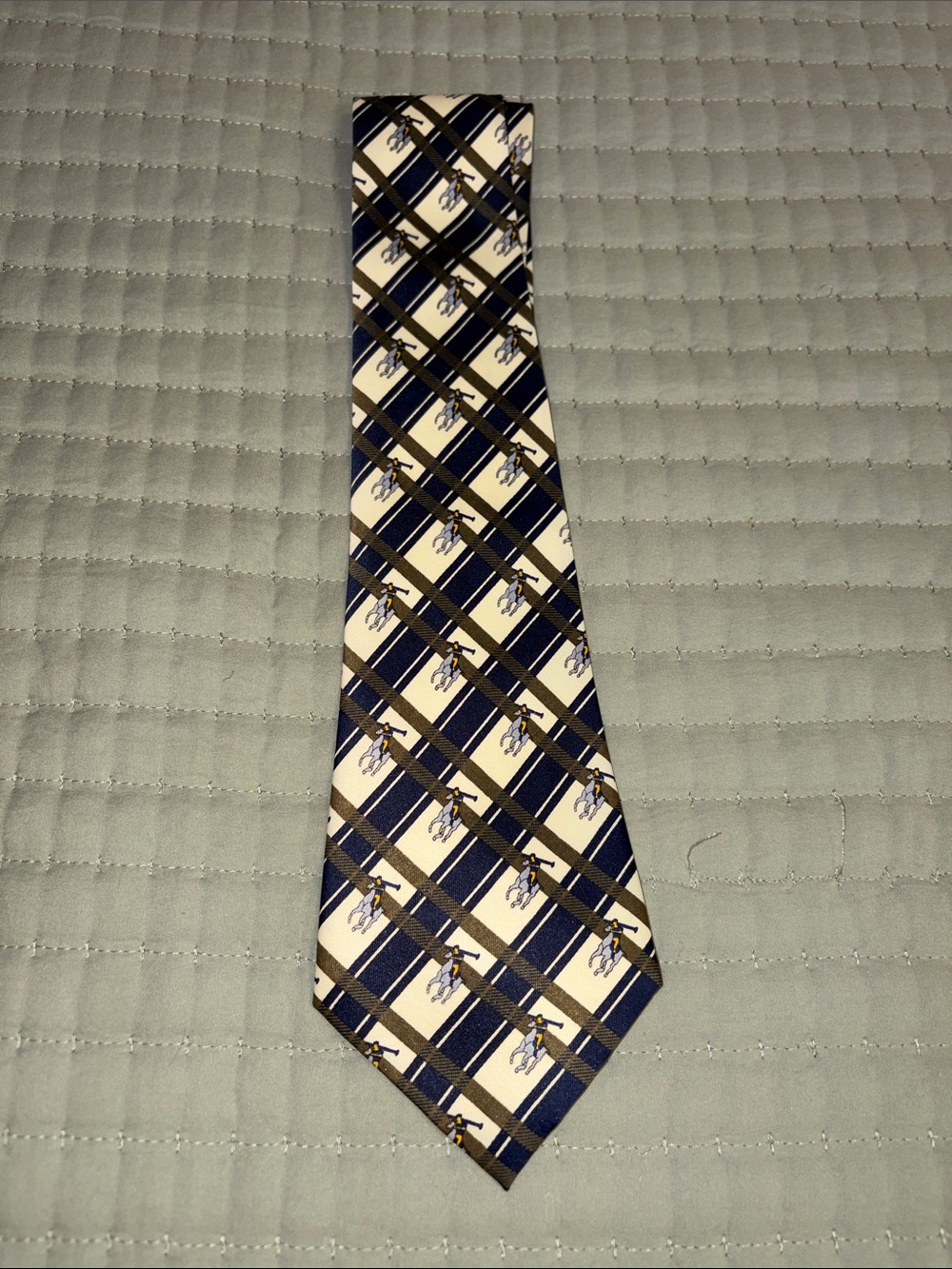 Navy and Cream Plaid Tie with Equestrian Motif